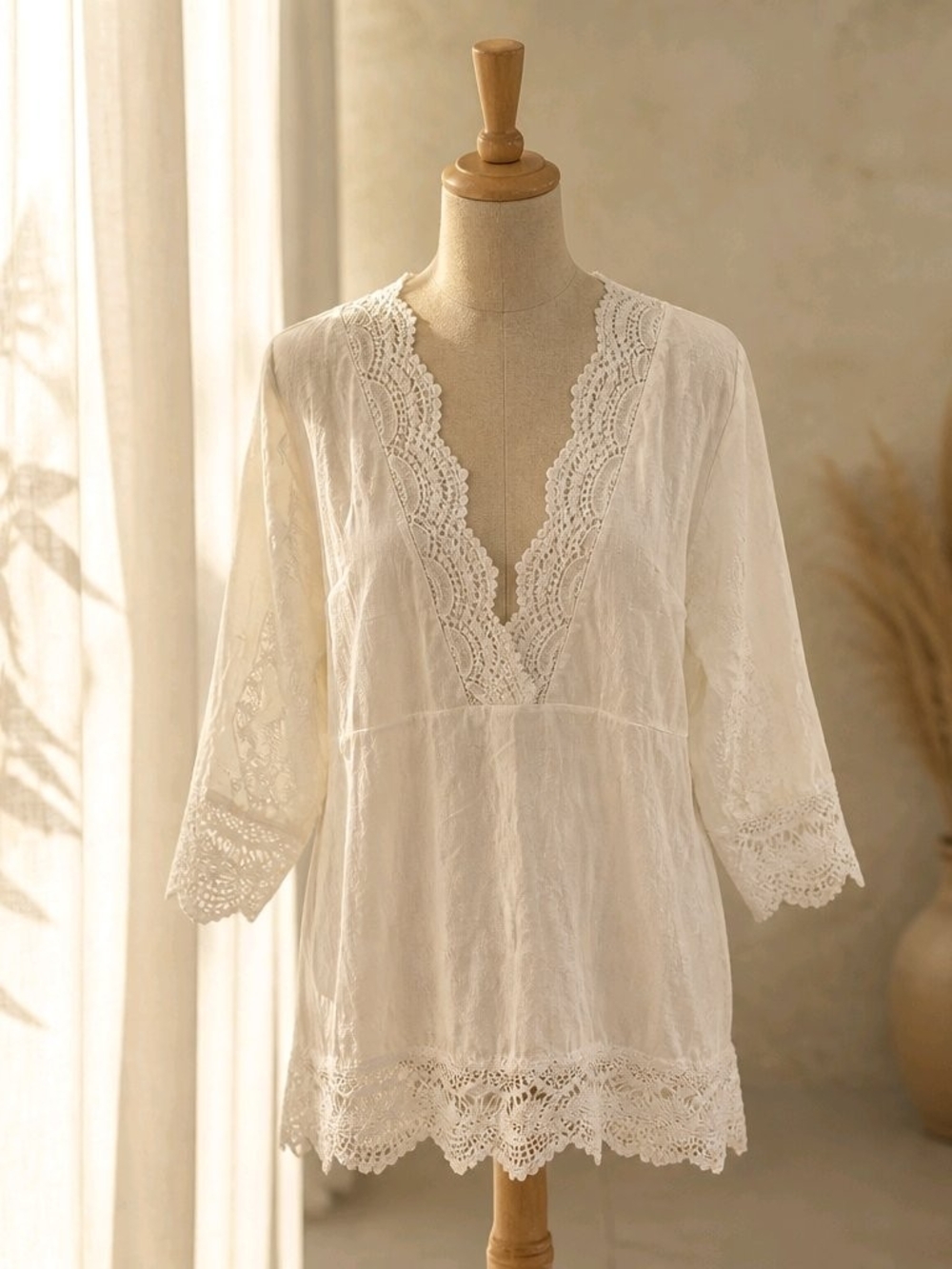 Ivory Lace-Trim Mini Dress with Deep V-Neck